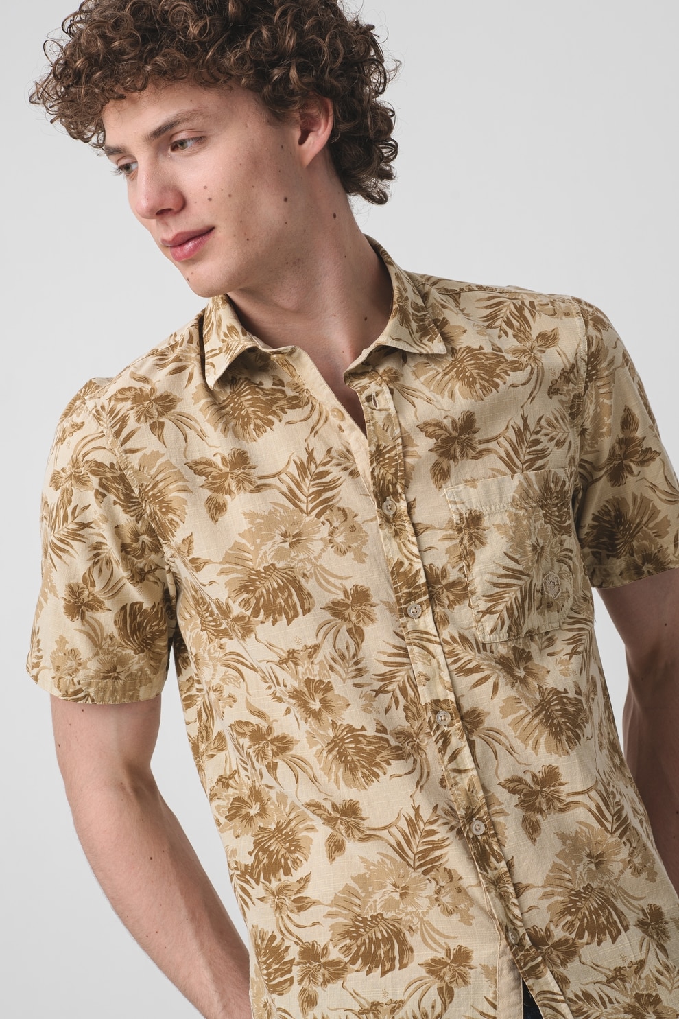Lumberjack, Camasa cu maneci scurte si imprimeu tropical, Camel, 2XL