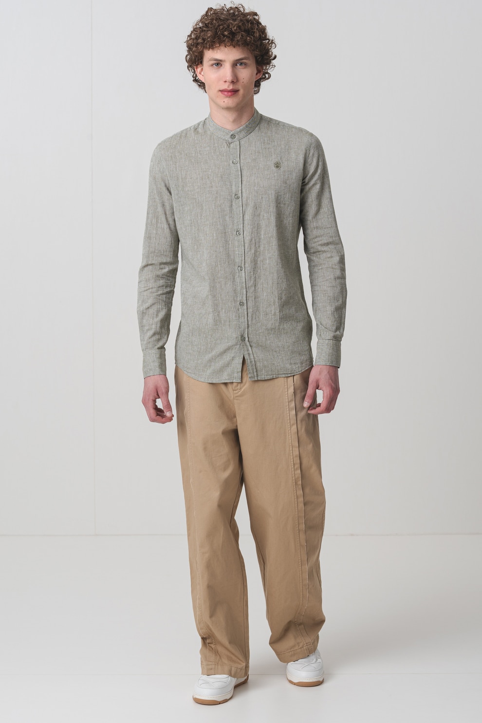 Lumberjack, Camasa cu maneci lungi si guler Mao, Verde melange, XL