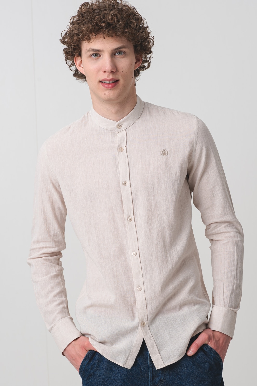 Lumberjack, Camasa cu maneci lungi si guler Mao, Bej deschis, 2XL