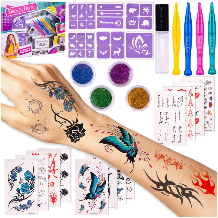 SOLTOY, Beauty Bomb csillogó tetováló készlet, 4 speciális csillogó tetoválás jelölő, 4 tégely, csillogó ecset és sablonok