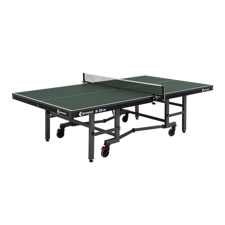 Masa de tenis Indoor SPONETA S8 Line 3tecWOOD, Lungime 274 cm, Grosime blat 25 mm, Sistem blocare automat, Reglaj inaltime, 4 roti pivotante, Fileu bumbac “World Champion”, Pliabila super-compact, Verde