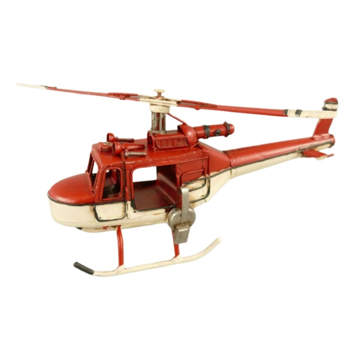 Elicopter din metal, decor vintage, aeromacheta, alb/ rosu, L. 23 cm
