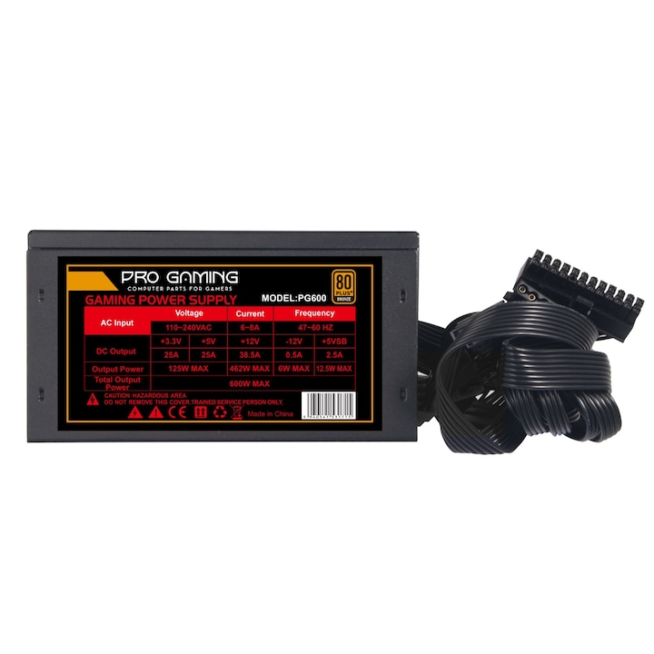 Pro Gaming PG600 tápegység, 600 W, 80 PLUSZ BRONZ, 14 cm-es ventilátor
