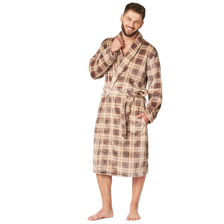 Halat de baie pentru barbati KEY MGL-402, carouri, bej, material fleece, M-L INTL