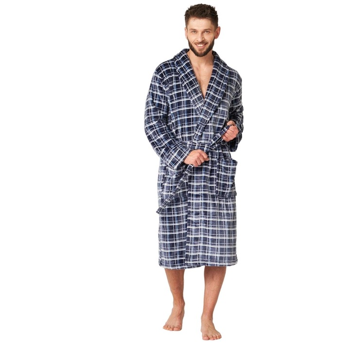 Halat de baie pentru barbati KEY MGL-432 B24, flanel fleece, gri, croiala clasica, cu buzunare, XL-2XL INTL