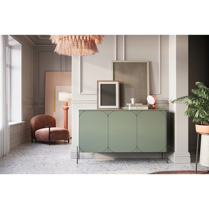 Comoda, Bogart, Sonatia, 154 x 90 cm x 45 cm, Cu 3 usi, Cu 1 raft, Laminat, MDF, Verde masliniu