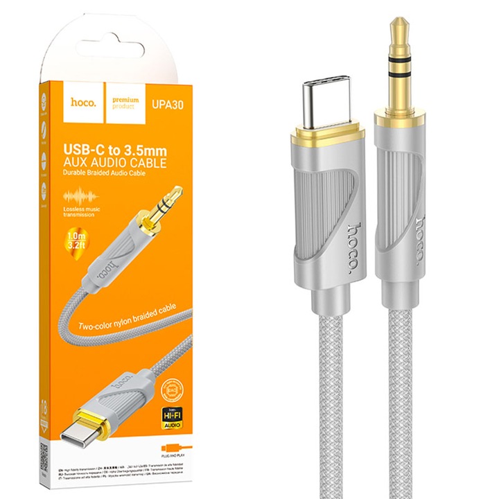 Аудио кабел Hoco UPA30, USB-C до 3,5 мм жак, дължина 1 м, силикон, сив