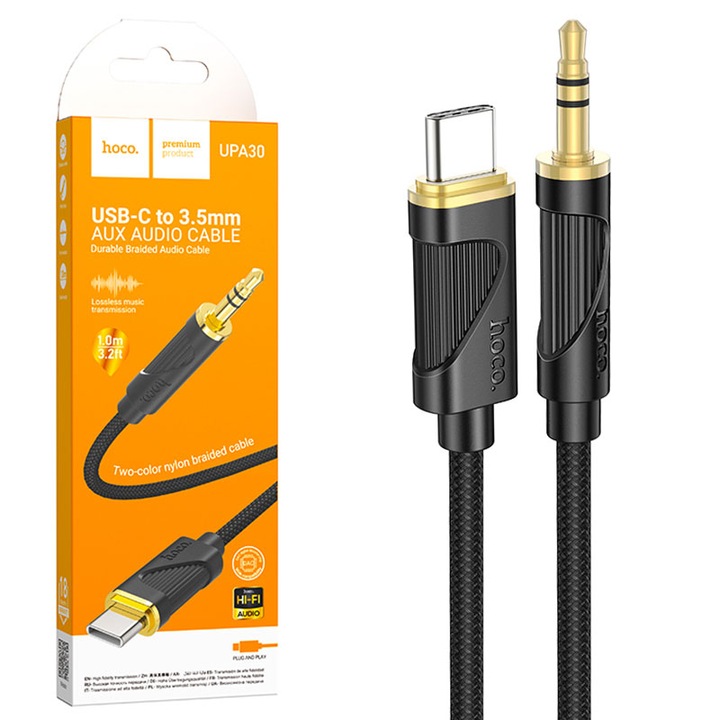 Аудио кабел Hoco UPA30, USB-C до 3,5 мм жак, дължина 1 м, силикон, черен