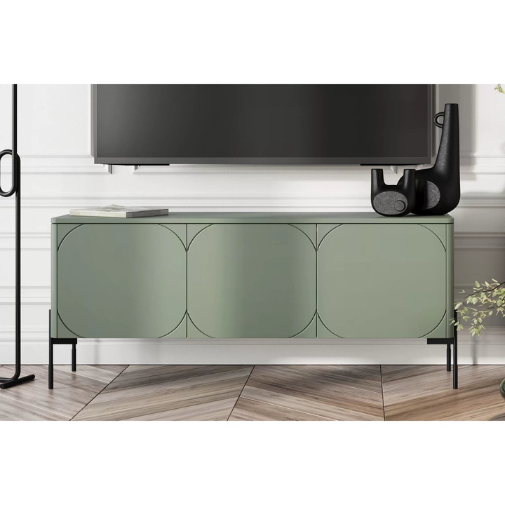 Comoda, Bogart, Sonatia, Dulap RTV, 154 x 65 cm x 45 cm, Cu 3 usi, Cu 3 rafturi, Laminat, MDF, Verde masliniu