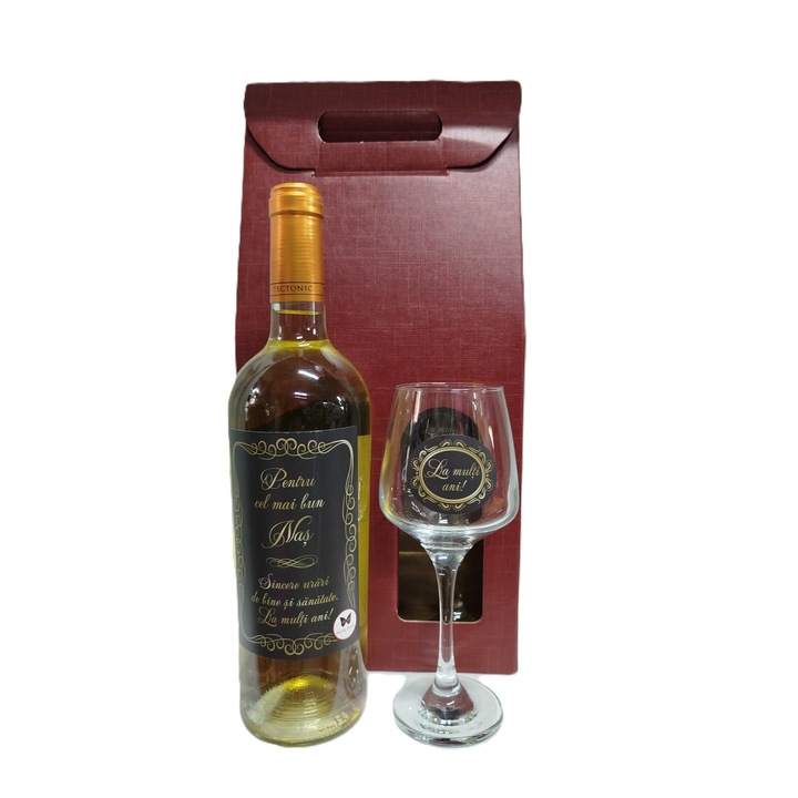 Set sticla cu vin si pahar, in cutie carton design, Dary Home, Pentru cel mai bun Nas, La multi ani
