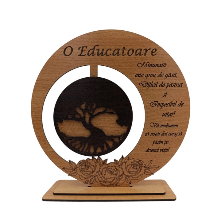 Tablou decorativ blank cu Copacul Vietii si mesaj standard, cadou personalizat pentru Educatoare, culoare maro, dimensiune 20cm