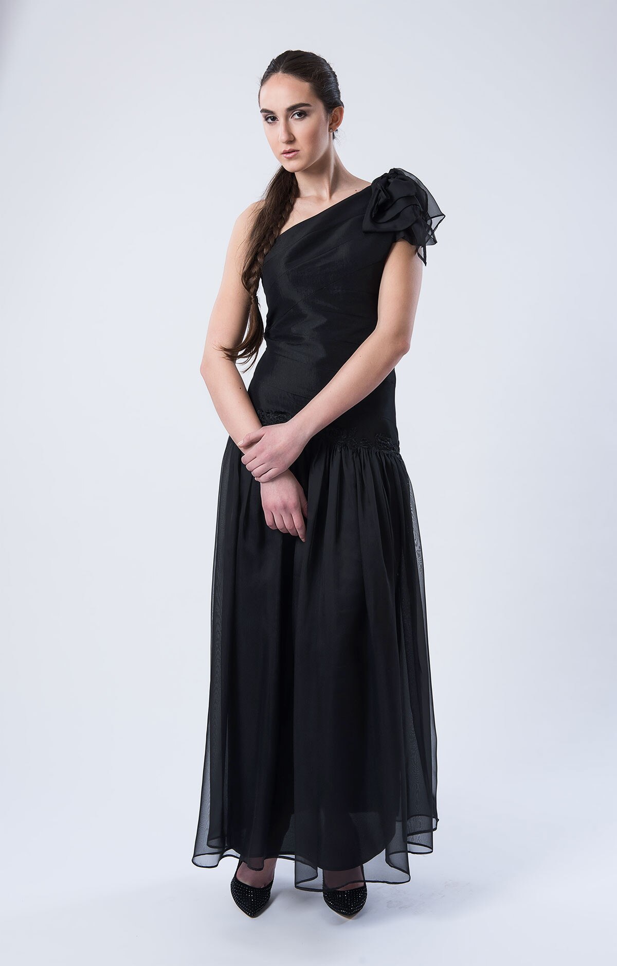 Rochie Aestetics lunga din tafta si voal negru, marimea S