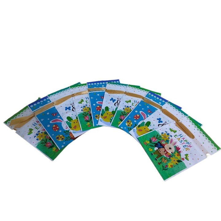 Pungi de ambalare cadou pentru Paste, set 10 bucati, design colorat cu oua de iepuras, Multicolor