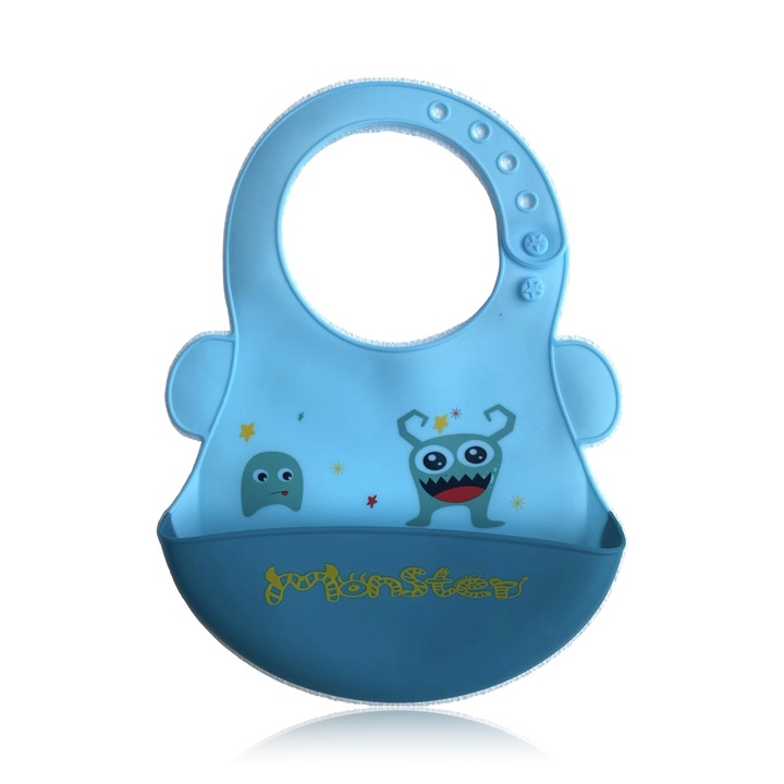 Bavetica bebelusi si copii mici din silicon cu buzunar de silicon, model monstru, albastra