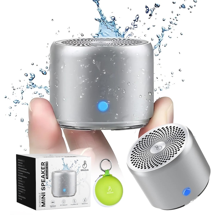 Boxa Portabila Mini, BRAGUS, Boxa Bluetooth 5.0, Rezistenta la Apa IPX7 si Praf, Baterie 700mAh, Autonomie 17h, Bass Puternic, Calitate Audio Excelenta, Sunet Stereo, Husa Protectie Inclusa, Design Modern, Wireless, 175g, Boxa Smart Ultra-Compacta, Gri