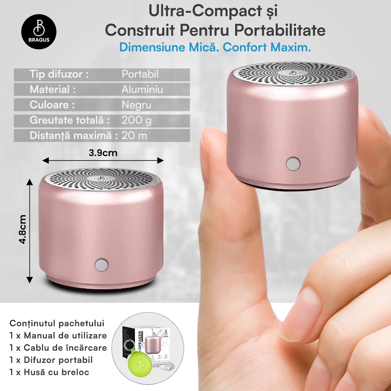 Boxa Portabila Mini, BRAGUS, Boxa Bluetooth 5.0, Rezistenta la Apa IPX7 ...