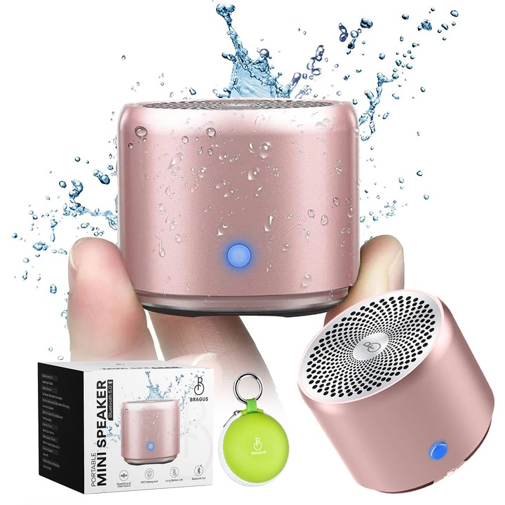 Boxa Portabila Mini, BRAGUS, Boxa Bluetooth 5.0, Rezistenta la Apa IPX7 si Praf, Baterie 700mAh, Autonomie 17h, Bass Puternic, Calitate Audio Excelenta, Sunet Stereo, Husa Protectie Inclusa, Design Modern, Wireless, 175g, Boxa Smart Ultra-Compacta, Roz