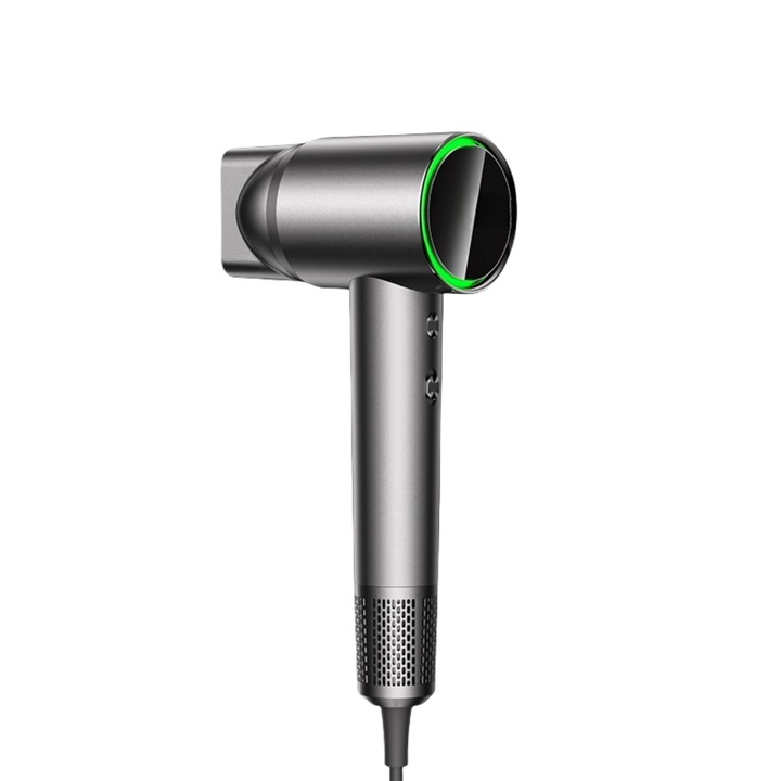 Hajszárító, negatív ion, 1600 W nagy teljesítmény, 2 sebesség, 3 színű hőmérséklet-szabályozó lámpa, nagy sebességű kefe nélküli motor, állandó hőmérsékletű hajápolás, basszus zajcsökkentés, szürke