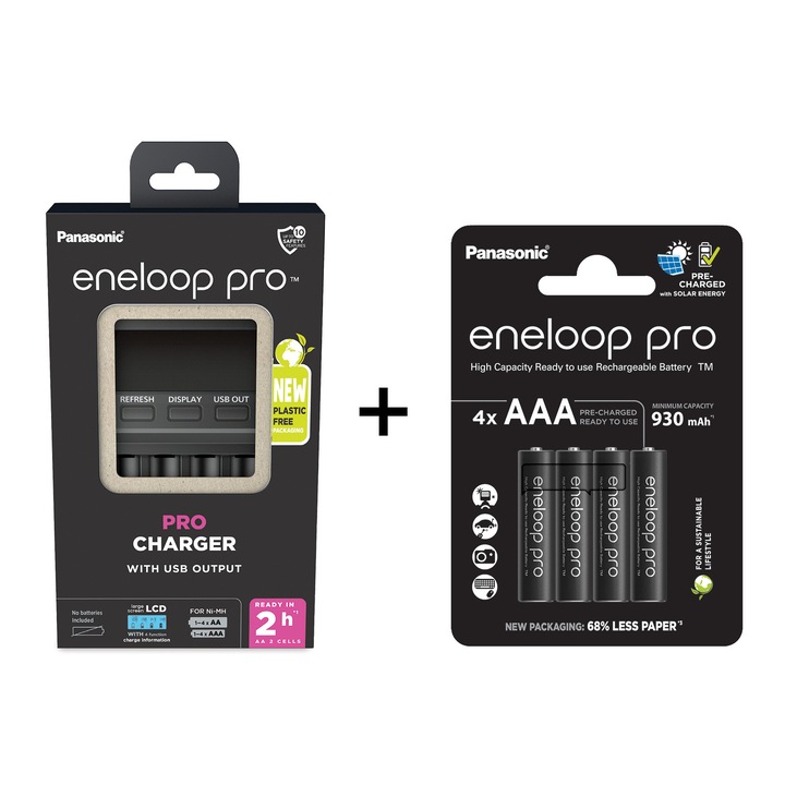 Pachet Incarcator Profesional Eneloop cu Display si Iesire USB-A si 4x Acumulatori Eneloop PRO 930mAh AAA R3