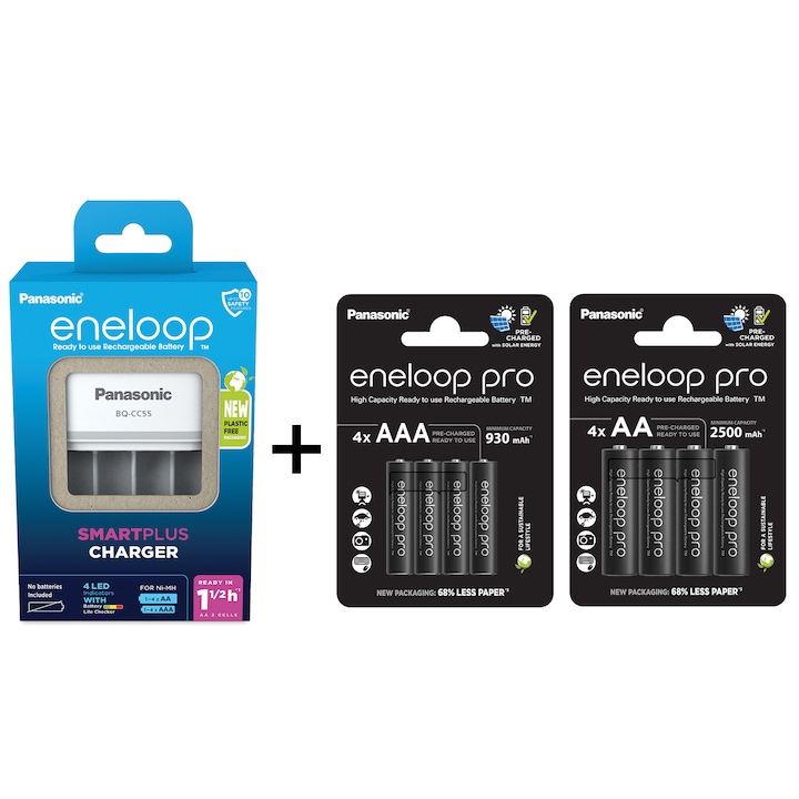 Pachet Incarcator Eneloop Smart & Quick cu 4 Canale Independente si Acumulatori Eneloop PRO, 4x 2500mAh AA R6 si 4x 930mAh AAA R3