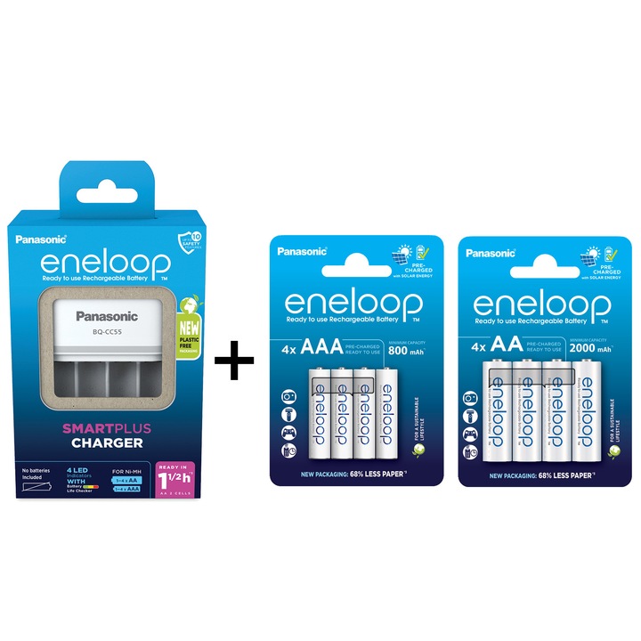 Pachet Incarcator Eneloop Smart & Quick cu 4 Canale Independente si Acumulatori Eneloop, 4x 2000mAh AA R6 si 4x 800mAh AAA R3