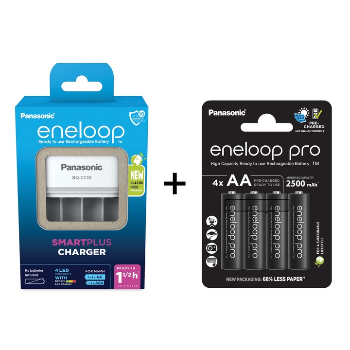 Pachet Incarcator Eneloop Smart & Quick cu 4 Canale Independente si 4x Acumulatori Eneloop PRO 2500mAh AA R6