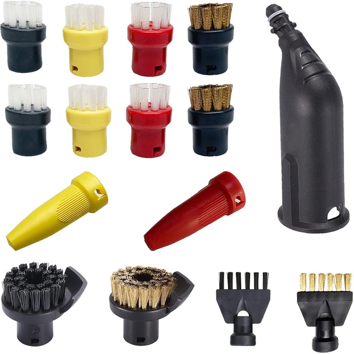 Set perii rotunde pentru aparatul de curatat cu abur Karcher Easyfix SC1 SC2 SC3 SC4 SC5, cu perii de sarma, perii din nylon, duze si adaptor, multifunctionale