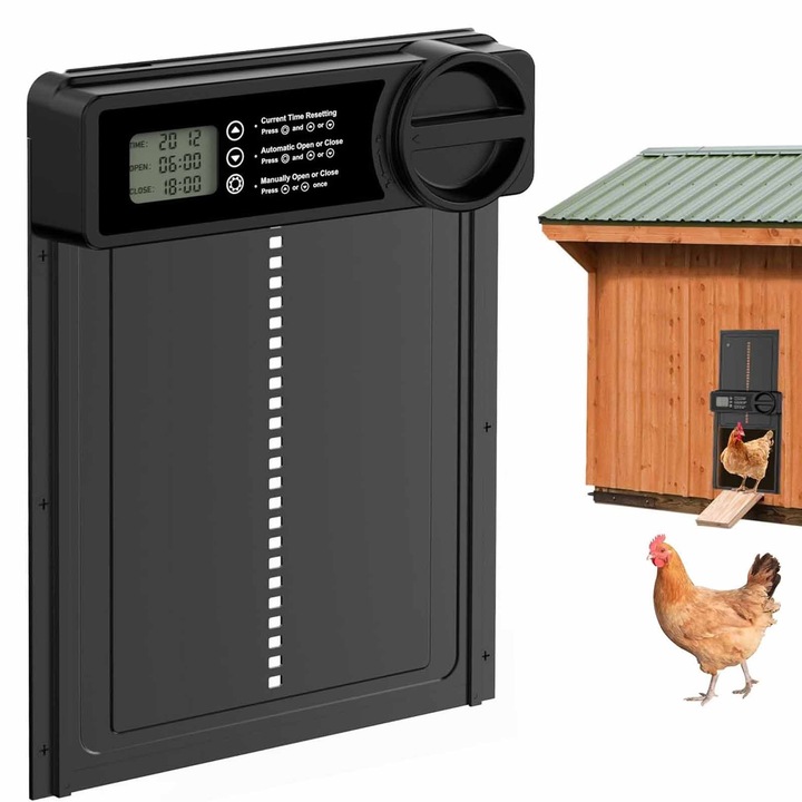 Usa automata pentru cotet pasari, SINBINTA, Sistem anti-strivire, Usor de instalat si utilizat, Impermeabila, Rezistenta la intemperii, Pentru gaini, animale mici, crestere in siguranta a pasarilor, ABS, 244*328*50mm, Negru
