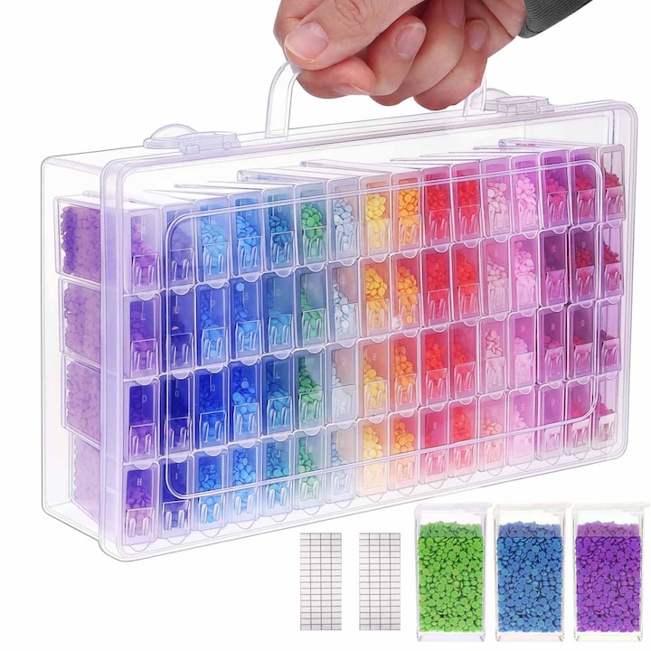 Organizator pentru pictura cu diamante, SINBINTA, 64 recipiente, Cu 2 stickere si maner, Usor de depozitat si folosit, Pentru margele, arta DIY, artizanat, bijuterii, Plastic, 22.5*13.5*5.5cm, Transparent