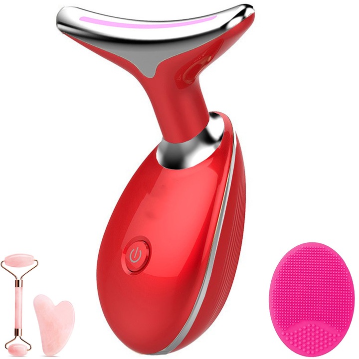 Професионален 7-в-1 уред за лице, SINBINTA, Устройство за лице за премахване на бръчки и грижа за шията, Със силиконова четка за лице, Комплект масажни ролки за лице, Намаляване на бръчки, Грижа за лице и шия, Ефект против стареене, Червен