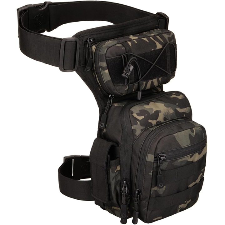 Спортна чанта, Hggzeg, Тактическа спортна чанта за крака и кръста, С 5 отделения, Поставка за бутилка, Регулируем колан, Голям капацитет, За ходене, фитнес, упражнения, Найлон, 18 x 13 x 33 см, Камуфлаж