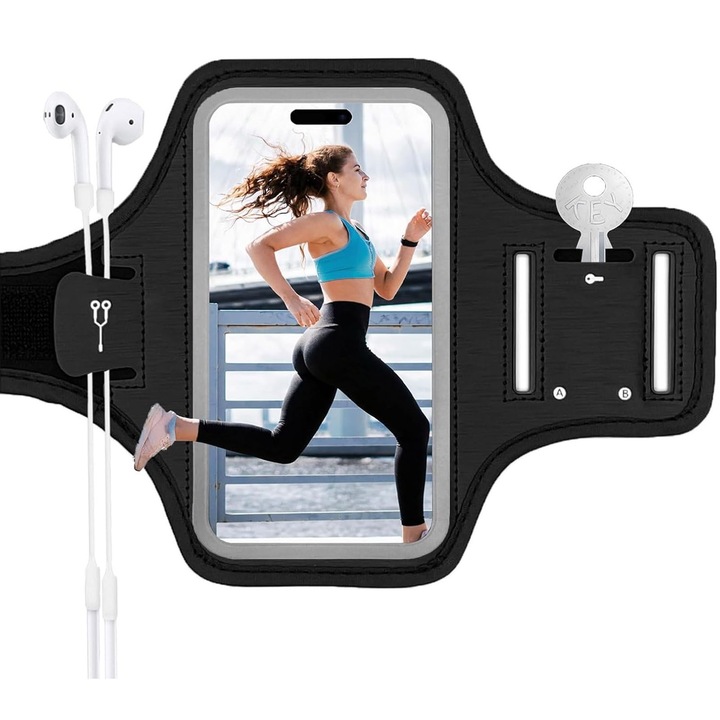 Borseta sport pentru telefon, Hggzeg, Borseta multifunctionala, Pentru telefoane mobile de pana la 6, 1 ", Cu buzunare pentru chei, Lungime reglabila, Poate fi utilizat pentru mers pe jos, sala, exercitii fizice, Nylon, 18.5 * 7.6cm, Negru