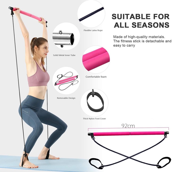 Fitness rúd 2 gumizsinórral, Hggzeg, Fitness kiegészítő, lábtartó hurkokkal, Hordozhatóság, Könnyen használható, csuklóra, karra, vállra és mellkasra, Hőre lágyuló gumi, EVA hab, 92 cm, Rózsaszín