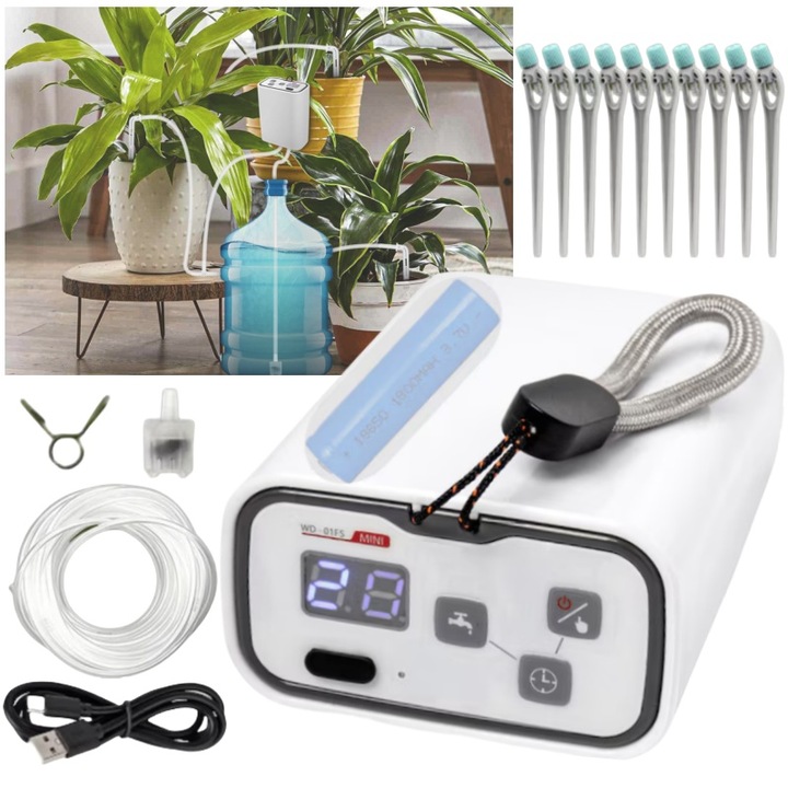 Комплект за автоматично кореново напояване на растения, Програматор и таймер за напояване, Регулируем капков маркуч, Капково напояване, За 10 саксии, Маркуч 10м, Батерия 1800mAh, Лесно свързване, Ефективно напояване, Бял