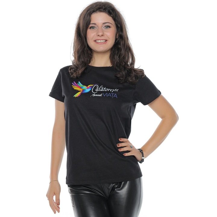 Дамска първокласна памучна тениска "Travel, signed Life", черна, S, Life Like a Rainbow