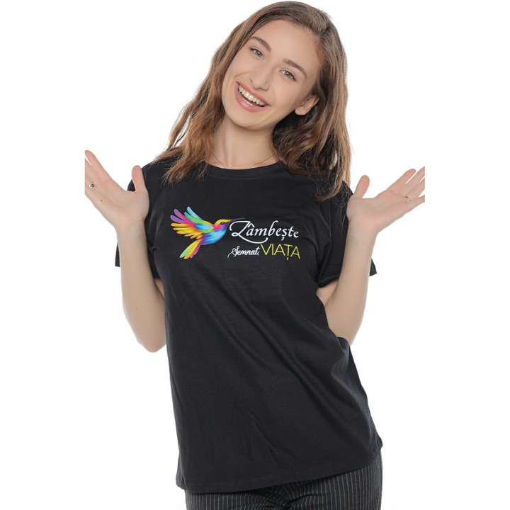 Дамска първокласна памучна тениска "Smile, signed Life", черна, S, Life Like a Rainbow