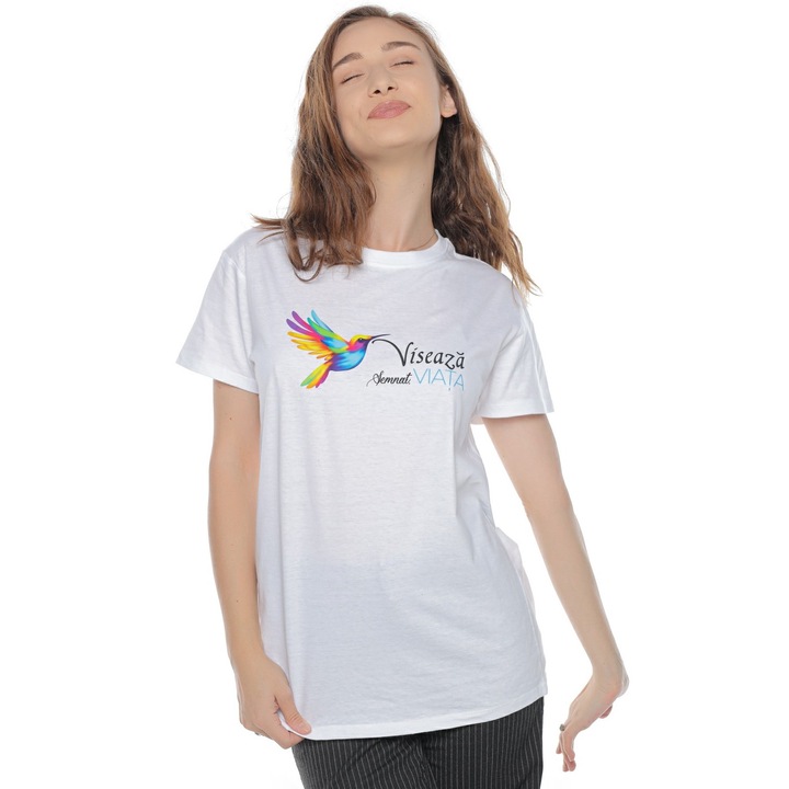 Дамска премиум памучна тениска "Dream, signed Life", Бяла, S, Life Like a Rainbow
