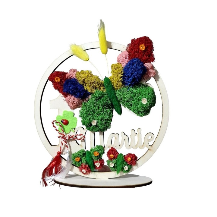 Decoratiune pentru 1 Martie cu fluture, licheni, martisor si alte plante naturale uscate, 20 cm