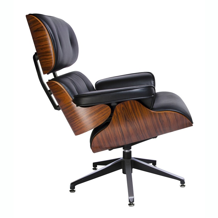 Fotoliu design lux Tokyo, piele naturala neagra/lemn nuc, trandafir, frasin/baza neagra metalica, KH1501100144 - King Trandafir Negru