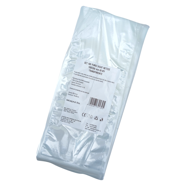 Pungi vidat/vacuum netede, pentru masini de vidat cu camera, 150X350 mm, grosime 65 microni, transparente, set 100 bucati