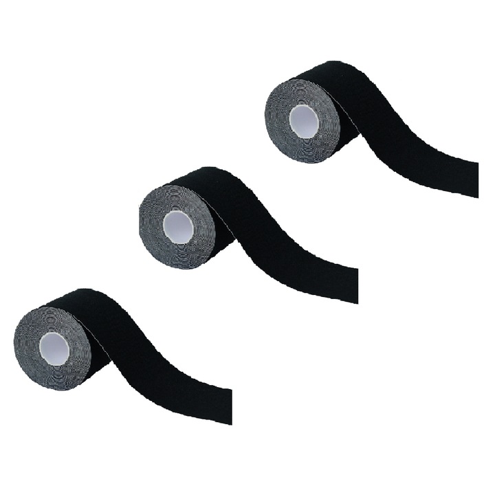 Set 3 Benzi kinesiologice sportive, sustinere si protectie pentru muschi, genunchi si umari, negru, 5cm x 5m