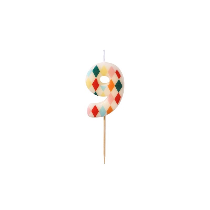 Lumanare de Aniversare Cifra 9 cu Model Romb, 5.5 cm, Mix de Culori