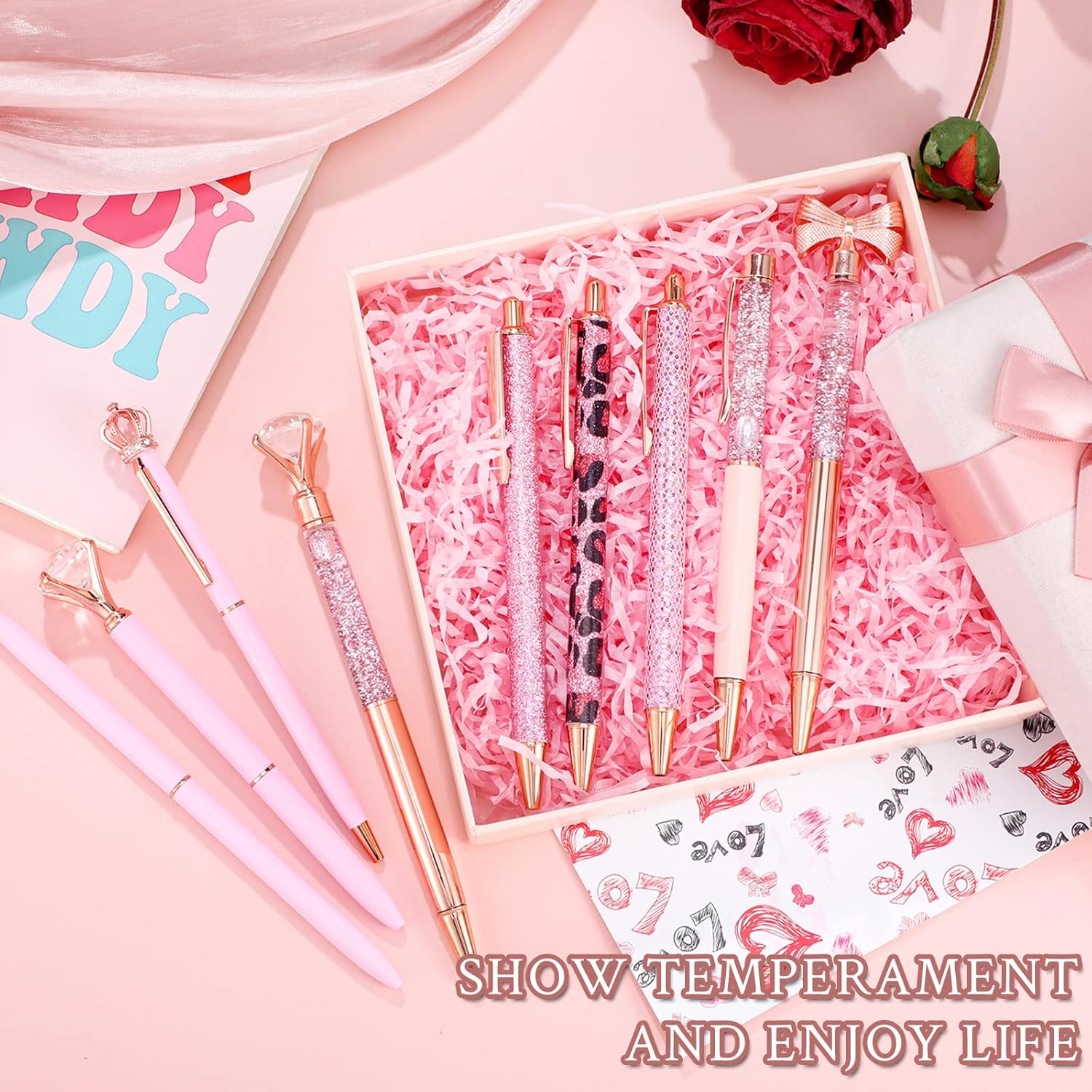 Set de 9 pixuri cu diamante roz stralucitoare, cerneala neagra, cu ...
