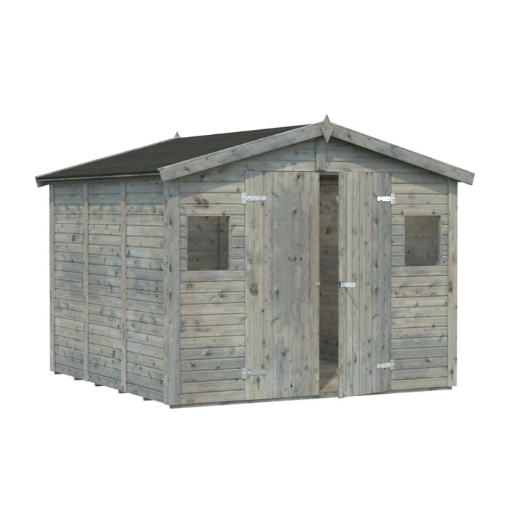 Magazie de gradina pentru depozitare 7, 5m2 realizata din lemn, cu tratament DIPPED, dimensiuni - 273x280 cm, culoare gri