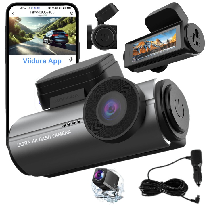 Smart WiFi 4K + 1080P автомобилна камера MOGODA®️, 170° отпред и 145° отзад запис, 3840x2160 4K UHD предна и 1920x1080 задна резолюция, 2,99 инча IPS HD екран, нощно виждане, G-сензор, WDR, приложение Viidure, процесор Huawei hisilicon 610, черно сиво