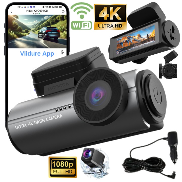 Camera de bord auto smart WiFi 4K + 1080P MOGODA®️, Filmare 170° fata si 145° spate, Rezolutie 3840x2160 4K UHD fata si 1920x1080 spate, Ecran IPS HD 2.99 inch, Night Vision, G-sensor, WDR, Aplicatie Viidure, Procesor Huawei hisilicon 610, Gri negru