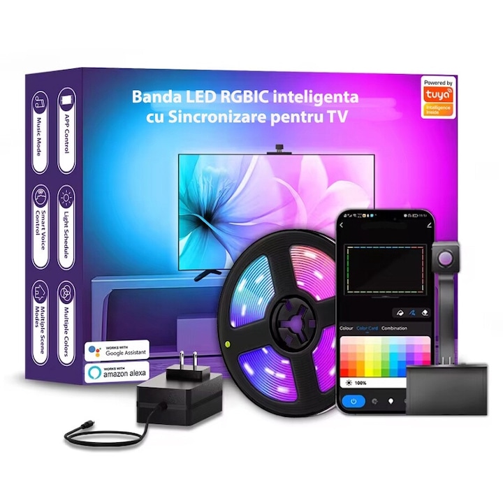 Интелигентна RGBIC LED лента със синхронизация за телевизор, 1080p HD камера с цветен сензор, управление чрез специалното приложение Tuya, съвместимо с 55-65 инчов телевизор (1,4 -1,65 м)