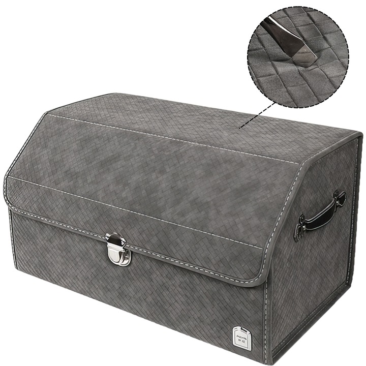 Органайзер за багажник от велур алкантара, износоустойчив, неплъзгащ се, тип торба, подсилен с дървени дъски, метална скоба за затваряне, сив, водоустойчив размер M