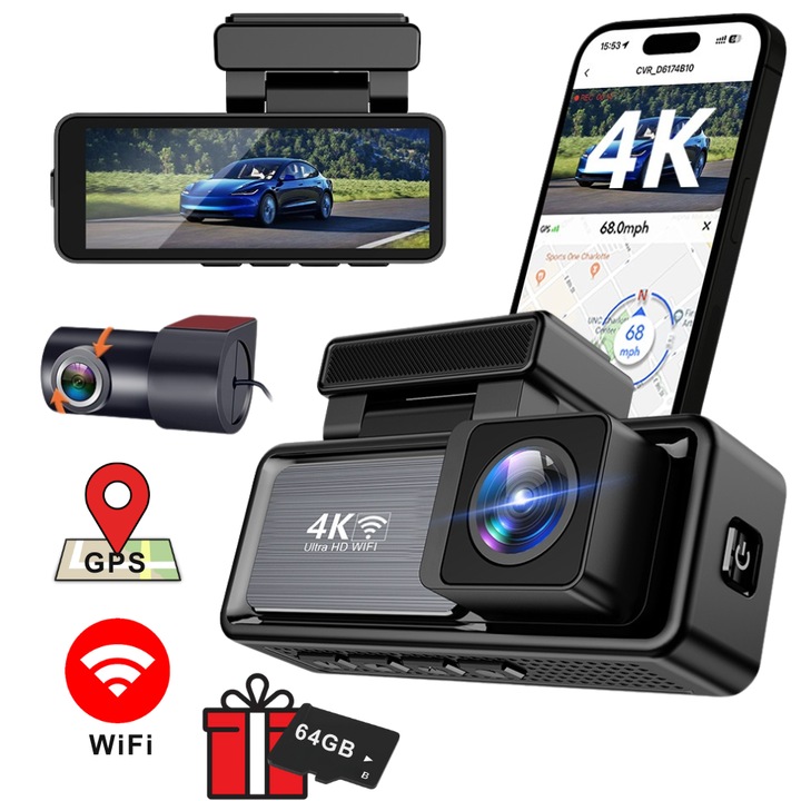 Nuvora Автомобилен DVR, Камера за видеорегистратор, 4K Full HD, 1080P, Модерен дизайн, GPS, WiFi, Цикличен запис, Нощно виждане, Камера за задно виждане, Кабели за режим на паркиране, включени в комплекта