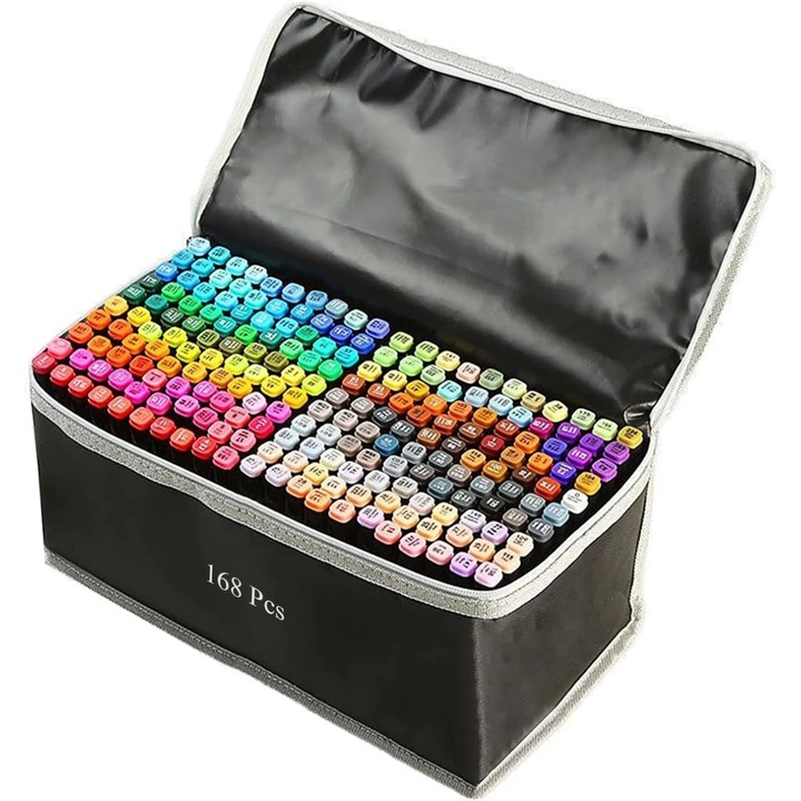 Set 168 Markere Duble, Pe baza de Alcool, Geanta impermeabila, Culori numerotate, Multicolor
